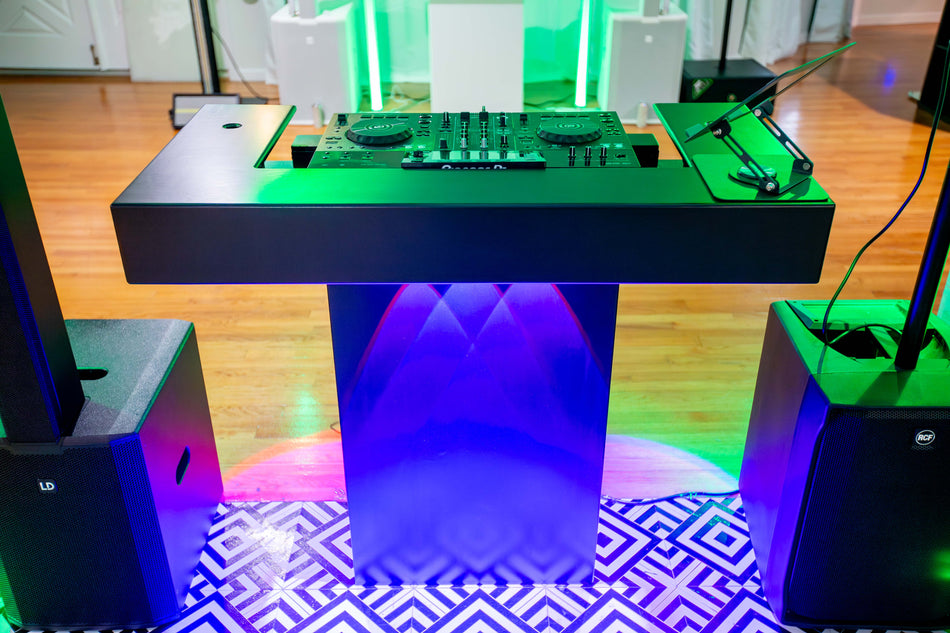 Timber Groove DJ Booth Podium (Black) | Foldable Wooden DJ Tower with Light Mounts | Includes Bag & Laptop Stand