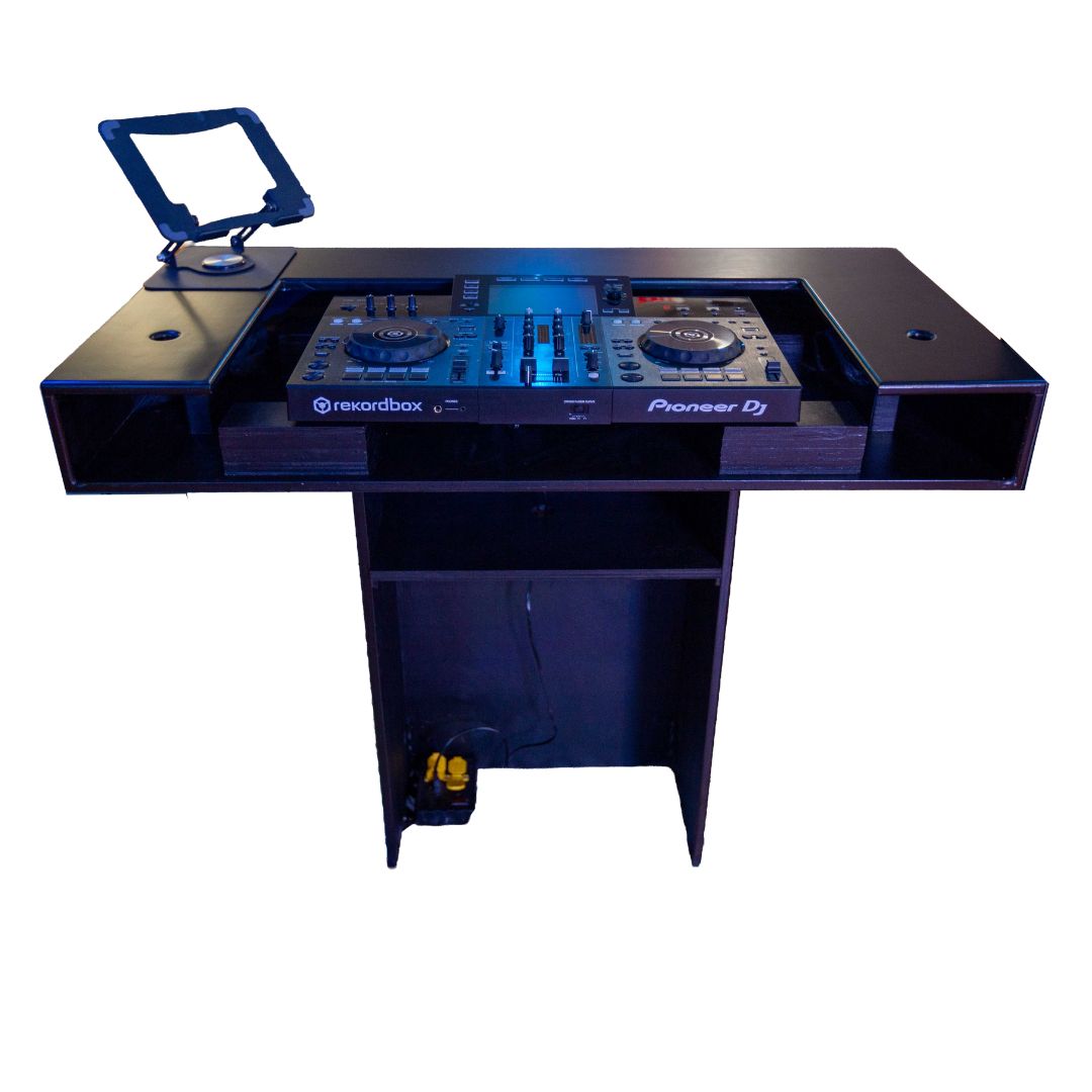 Timber Groove DJ Booth Podium (Black) | Foldable Wooden DJ Tower with Light Mounts | Includes Bag & Laptop Stand