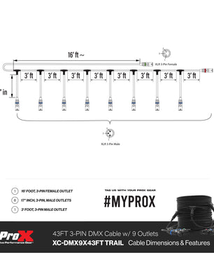 Title: ProX XC-DMX9X43FT TRAIL | 43ft 3-Pin DMX Cable – 9 Breakouts | Color-Coded for Fast Rig Setup