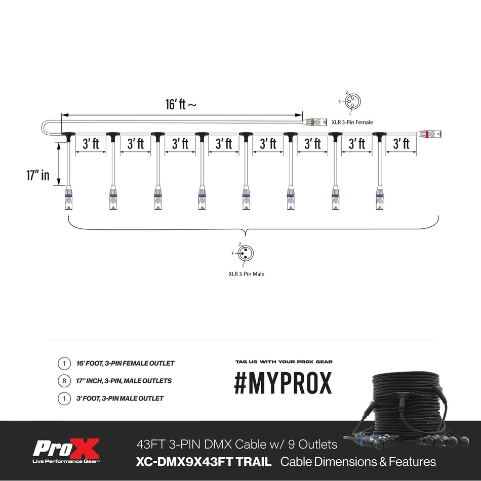 Title: ProX XC-DMX9X43FT TRAIL | 43ft 3-Pin DMX Cable – 9 Breakouts | Color-Coded for Fast Rig Setup