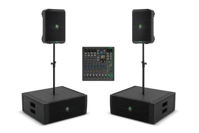 Mackie Battery-Powered Portable PA System | 4-Speaker Stereo Bundle with Subwoofers | Includes Mixer, Batteries & Poles